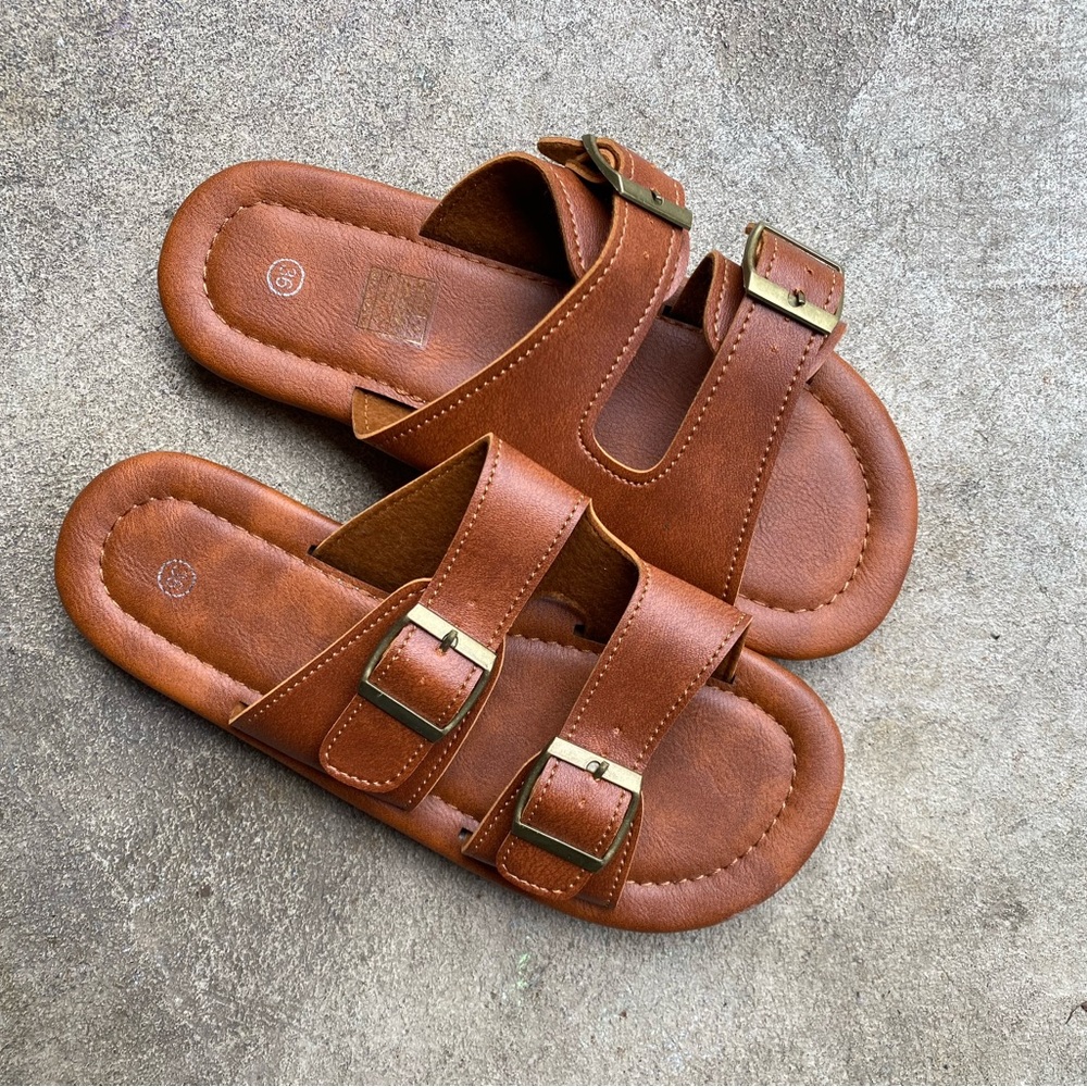 Brown Faux Leather Sandals with Buckle Straps NWOT